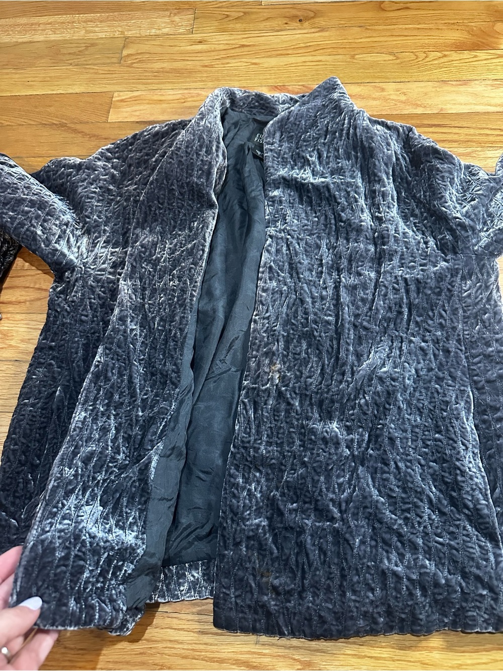 Eileen Fisher Quilted Velvet Lattice Open Front Jacket Crushed Gray 3/4 Sleeve S - Picture 6 of 6